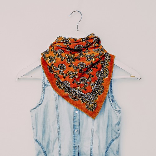 bright scarf print Turkish cucumber with denim clothing. fashion combination